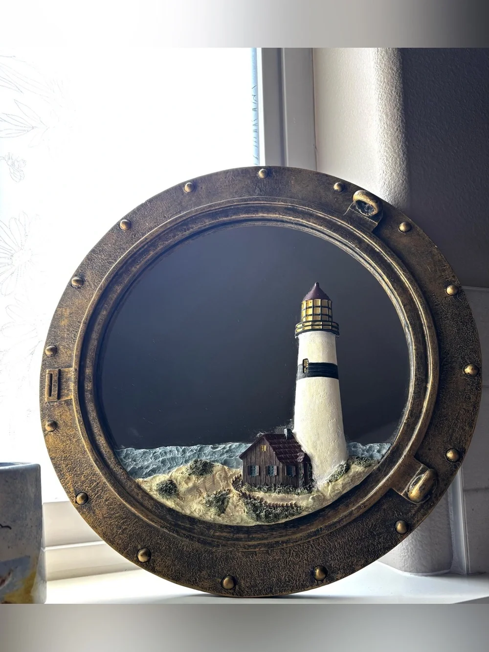 Nautical Lighthouse Porthole Wall Art - White & Gold